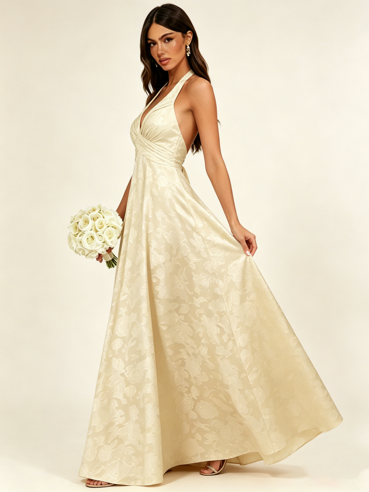 Floral Jacquard Halter Deep V A-Line Maxi Dress Backless Lace-Up Corset Bridesmaid Dress