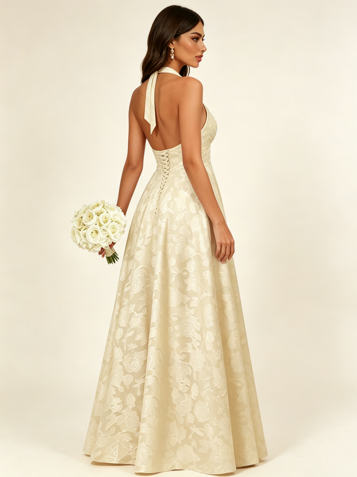 Floral Jacquard Halter Deep V A-Line Maxi Dress Backless Lace-Up Corset Bridesmaid Dress