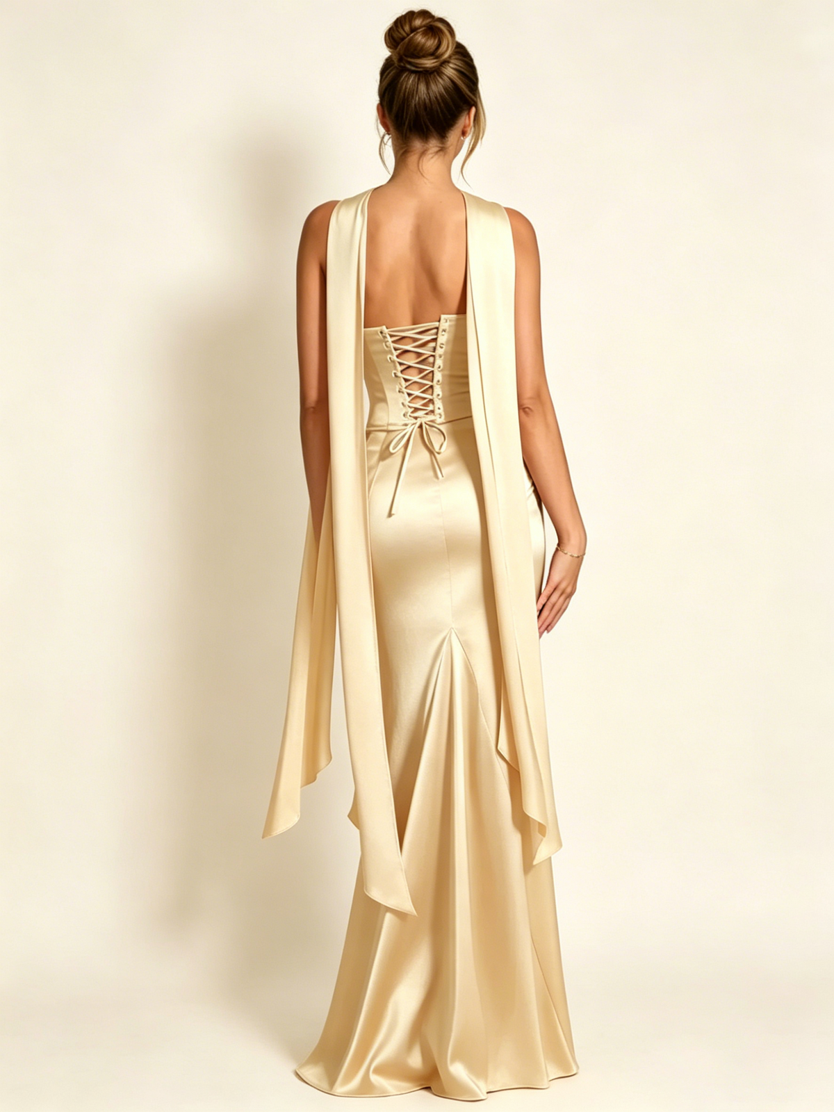 Satin Cowl Neck Mermaid Evening Dress with Corset Bodice and Draped Straps