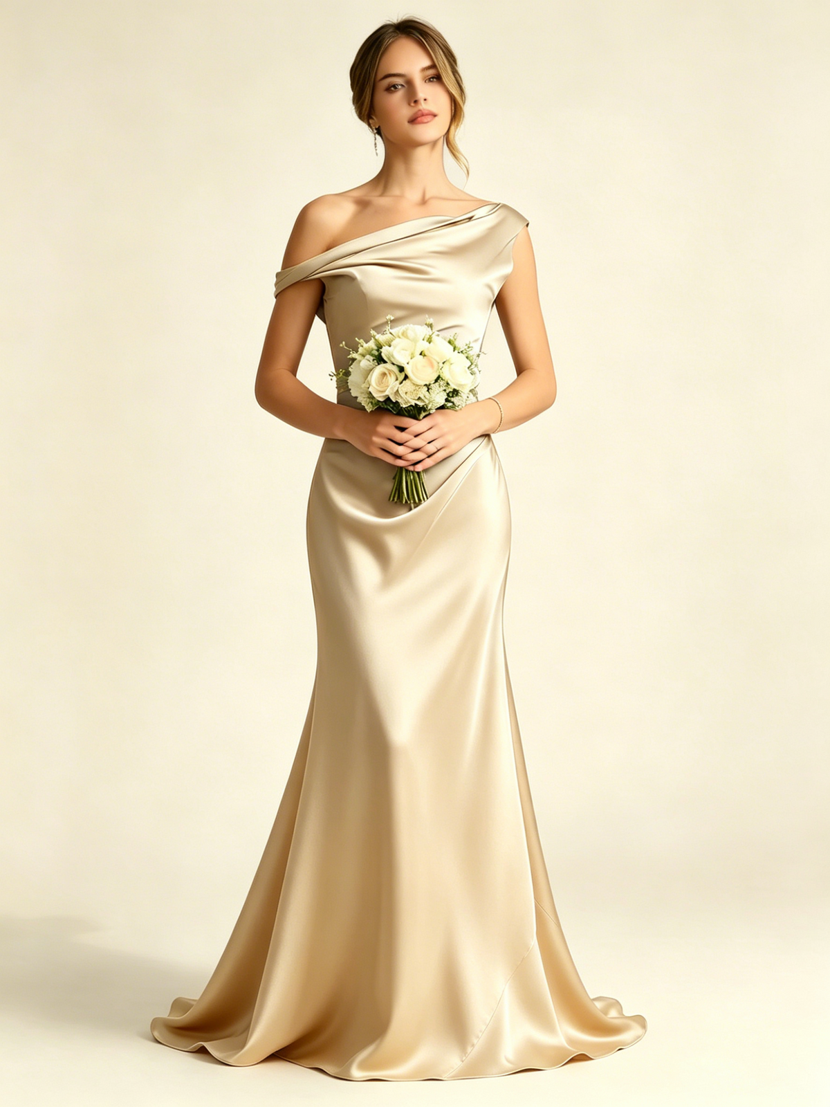 Satin Mermaid Bridesmaid Maxi Dress, Asymmetrical Off Shoulder Ruched Waist Open Back