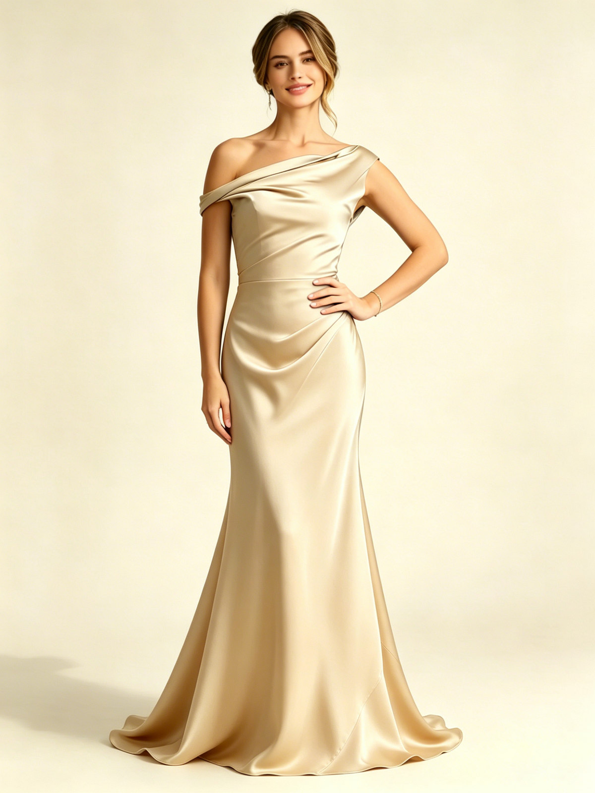 Satin Mermaid Bridesmaid Maxi Dress, Asymmetrical Off Shoulder Ruched Waist Open Back