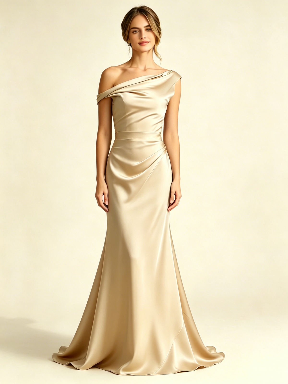 Satin Mermaid Bridesmaid Maxi Dress, Asymmetrical Off Shoulder Ruched Waist Open Back