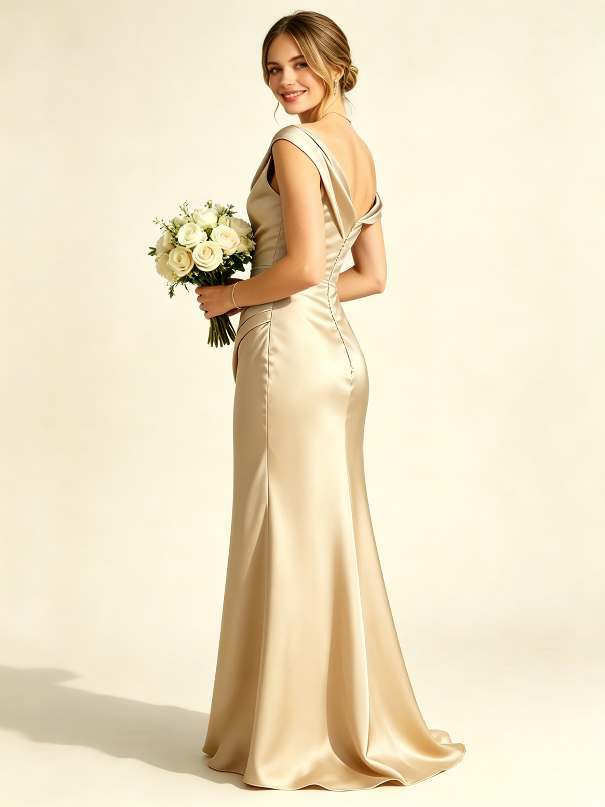 Satin Mermaid Bridesmaid Maxi Dress, Asymmetrical Off Shoulder Ruched Waist Open Back