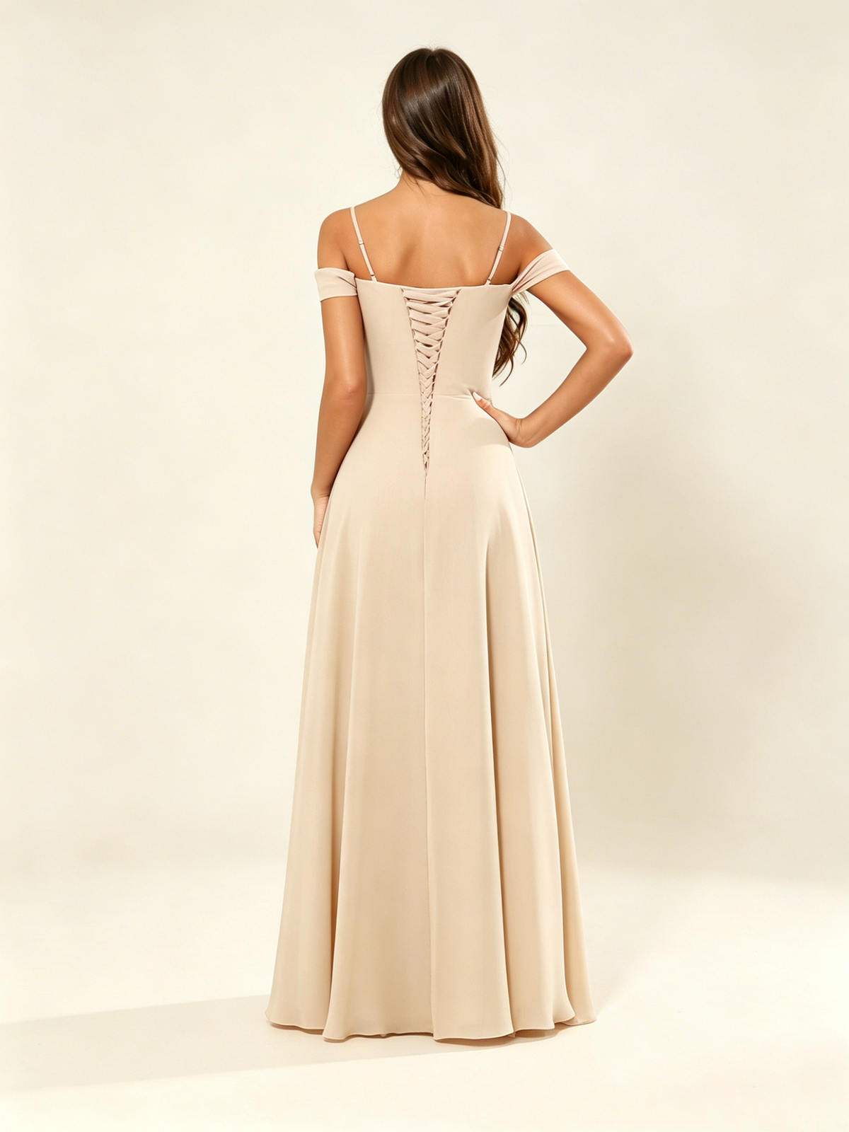 Off shoulder chiffon bridesmaid dress with high slit ruffle