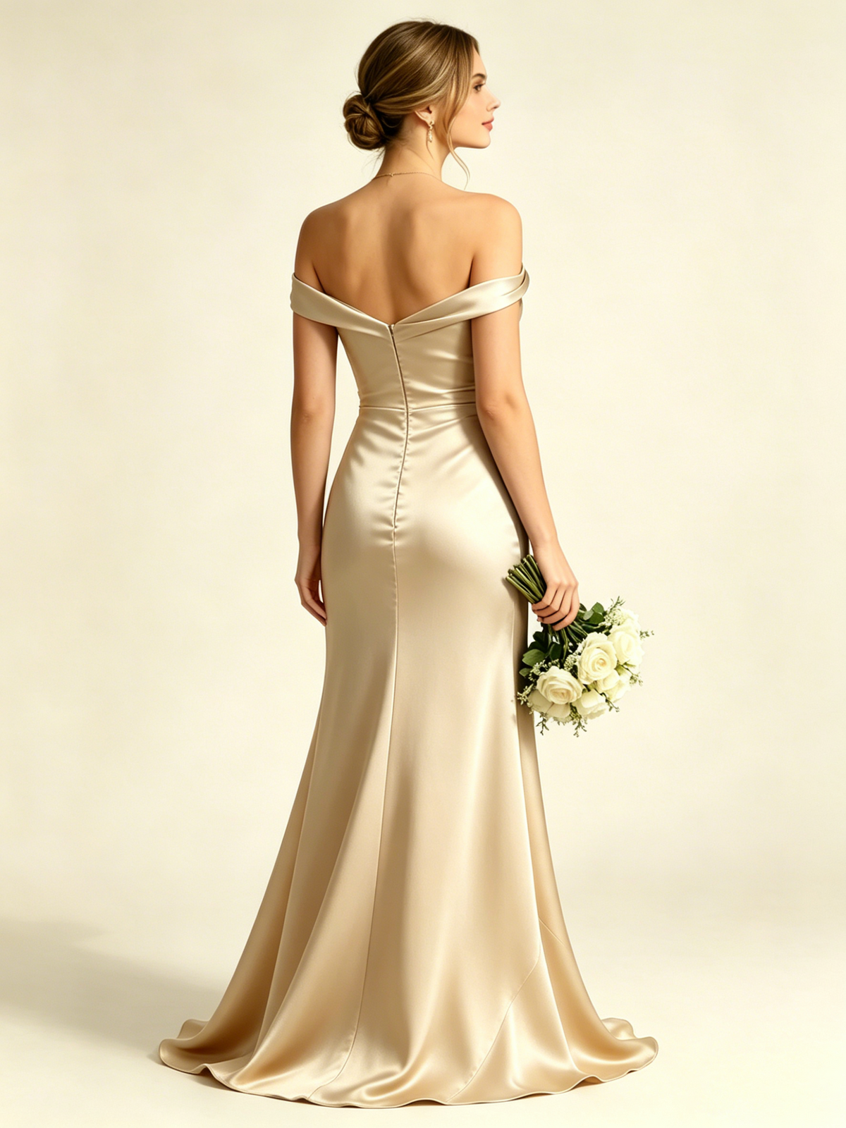 Satin Mermaid Bridesmaid Maxi Dress, Asymmetrical Off Shoulder Ruched Waist Open Back