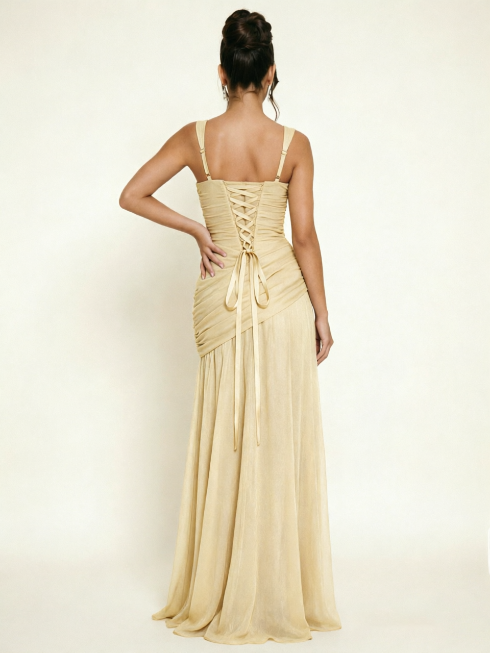 Adjustable Strap Shiny Draped Formal Maxi Dress with Corset Lace Up Back