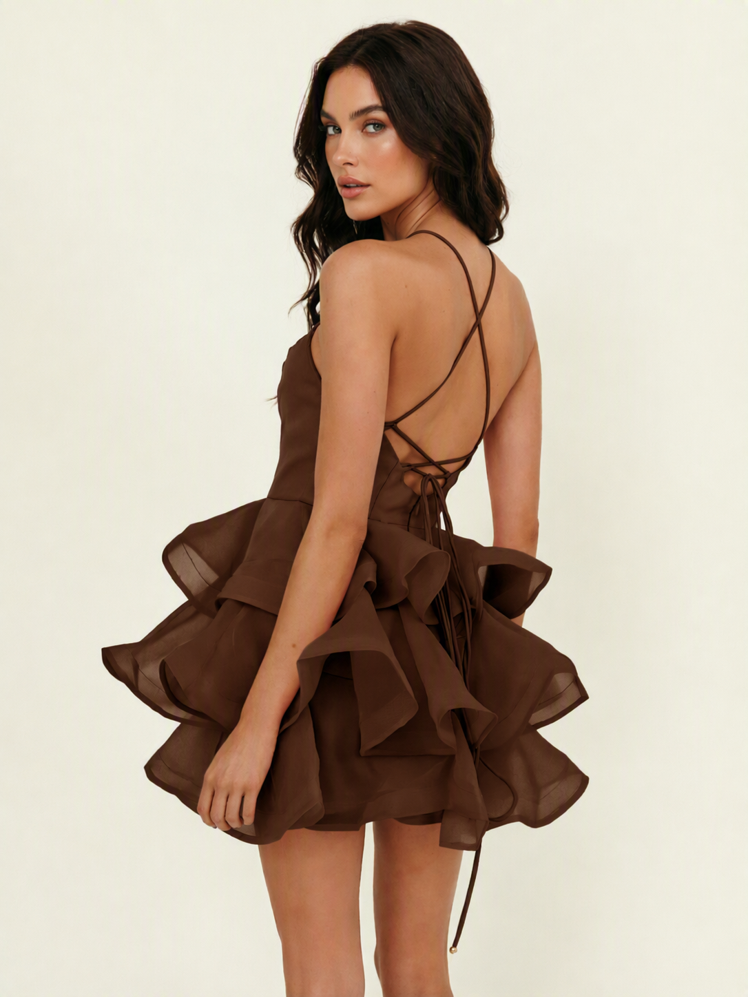 Halter Tiered Ruffle Mini Dress Lace Up Back Cocktail Party Gown