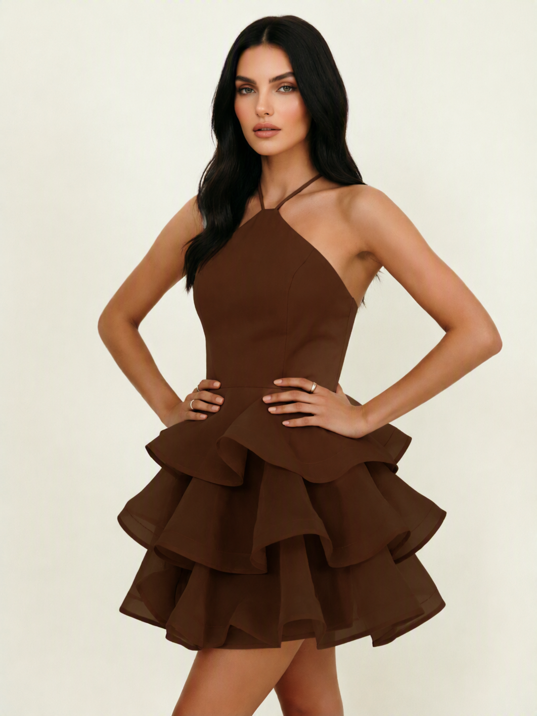 Halter Tiered Ruffle Mini Dress Lace Up Back Cocktail Party Gown