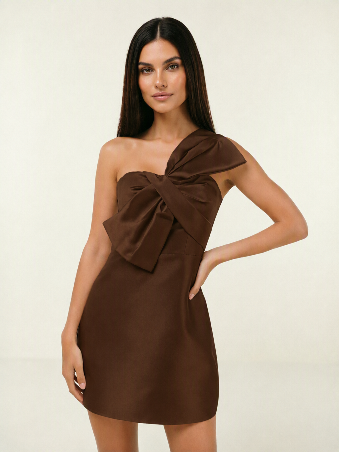 One Shoulder Oversized Bow Satin Mini Dress