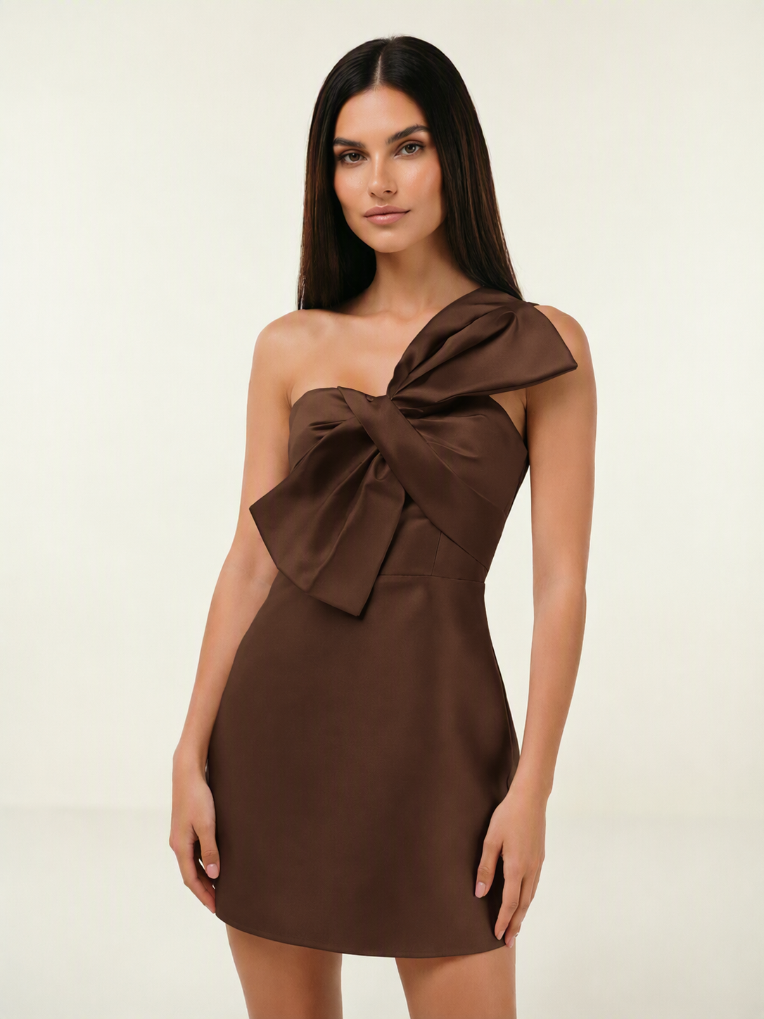 One Shoulder Oversized Bow Satin Mini Dress