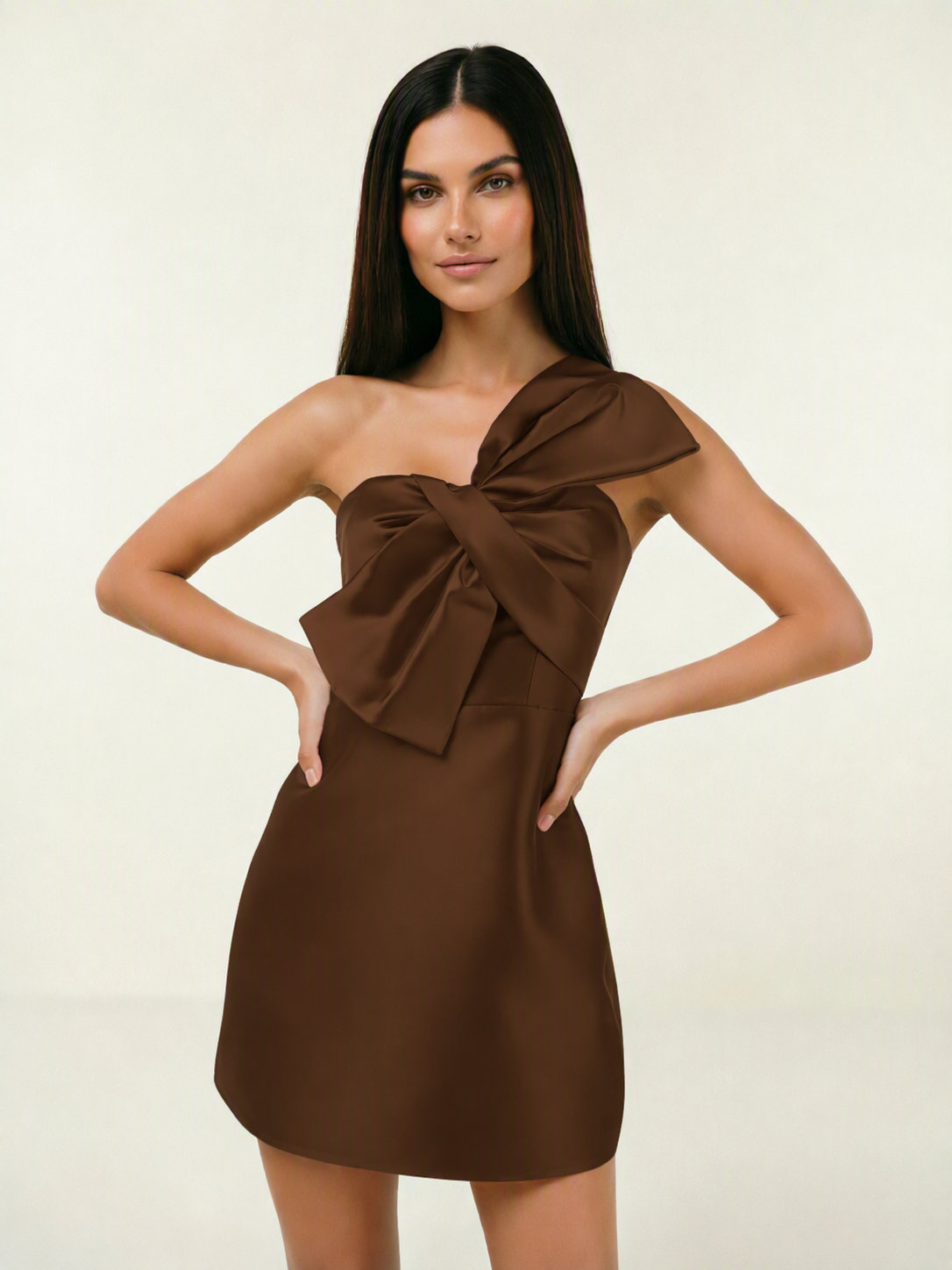 One Shoulder Oversized Bow Satin Mini Dress