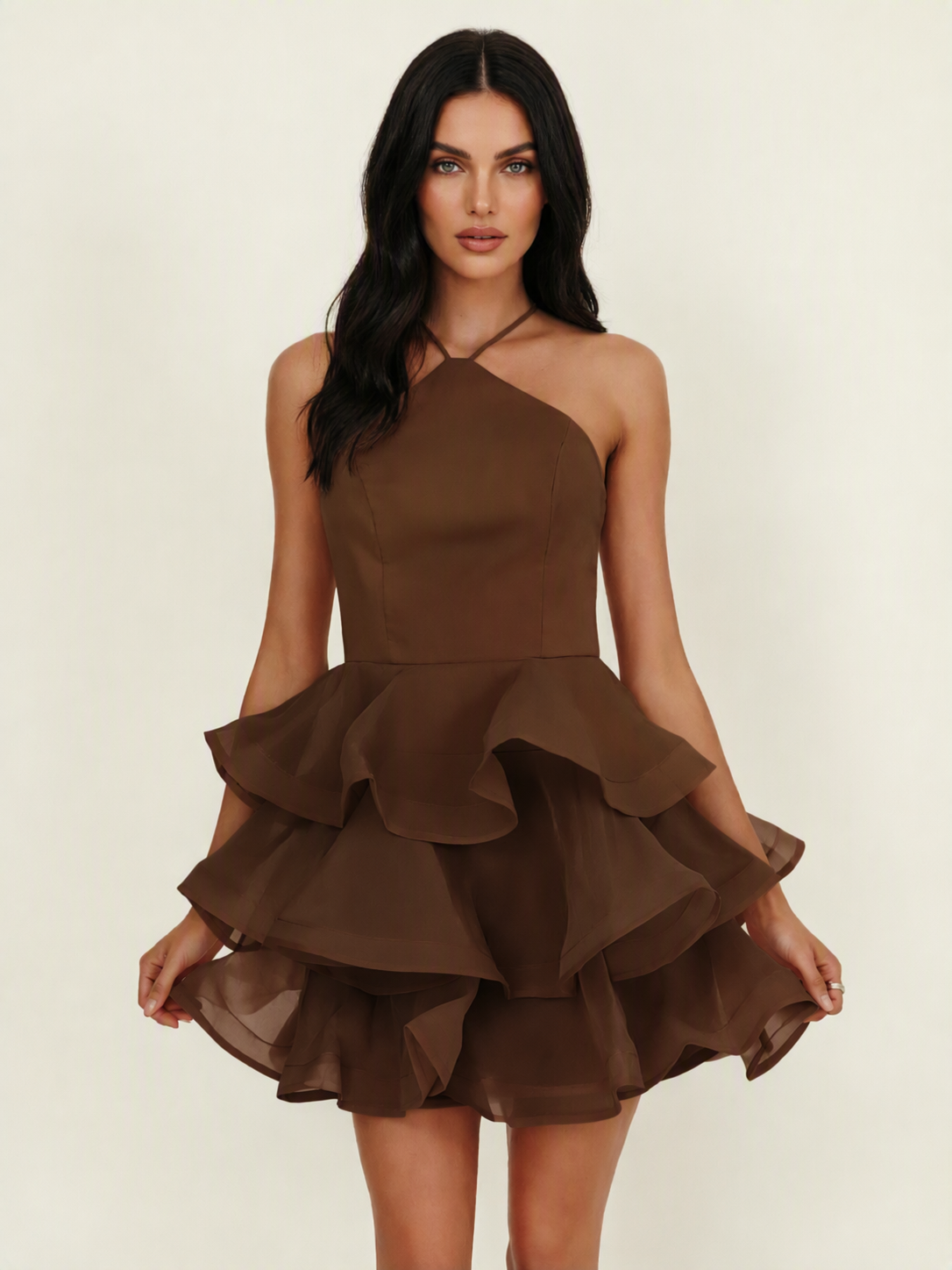Halter Tiered Ruffle Mini Dress Lace Up Back Cocktail Party Gown