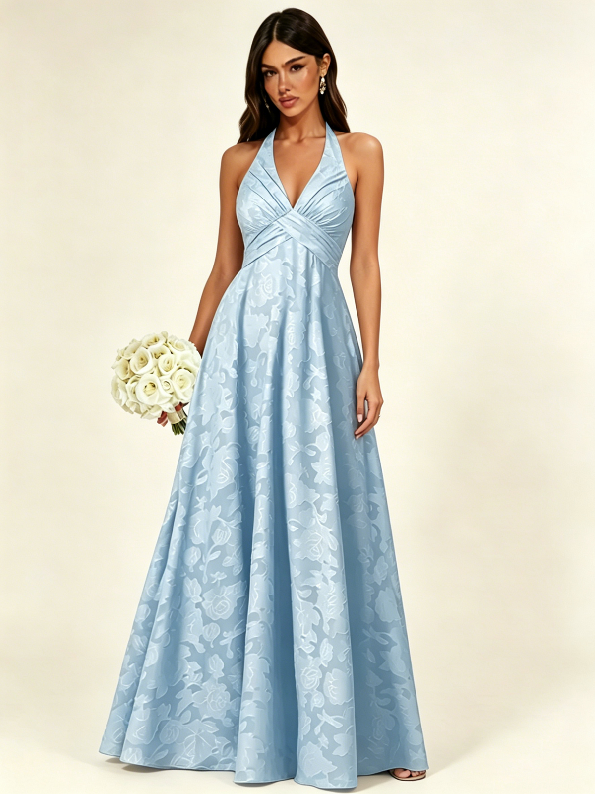 Floral Jacquard Halter Deep V A-Line Maxi Dress Backless Lace-Up Corset Bridesmaid Dress