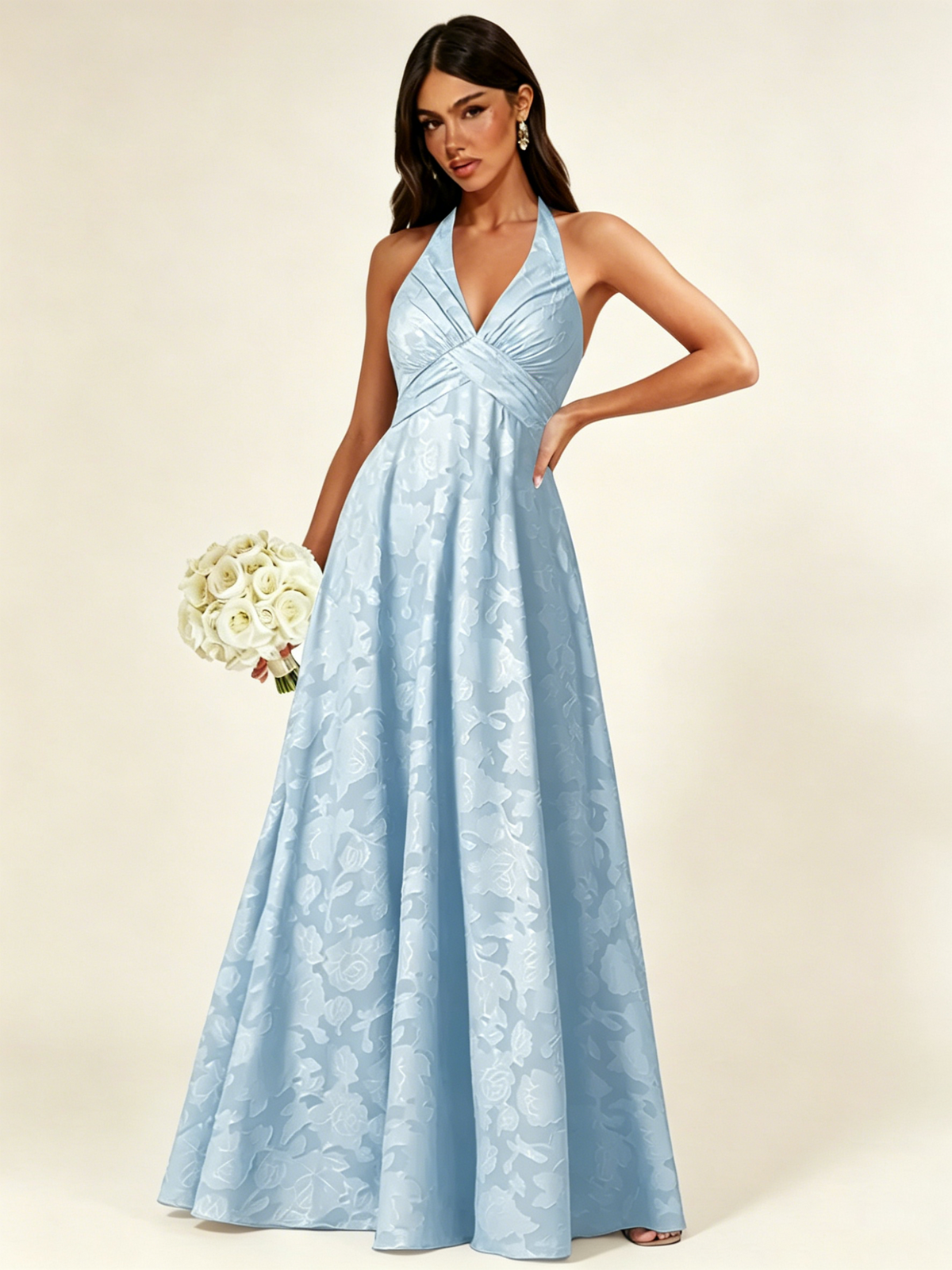 Floral Jacquard Halter Deep V A-Line Maxi Dress Backless Lace-Up Corset Bridesmaid Dress