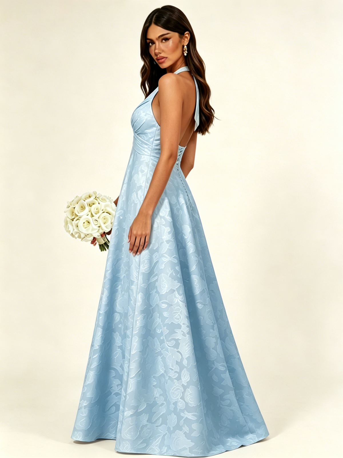 Floral Jacquard Halter Deep V A-Line Maxi Dress Backless Lace-Up Corset Bridesmaid Dress