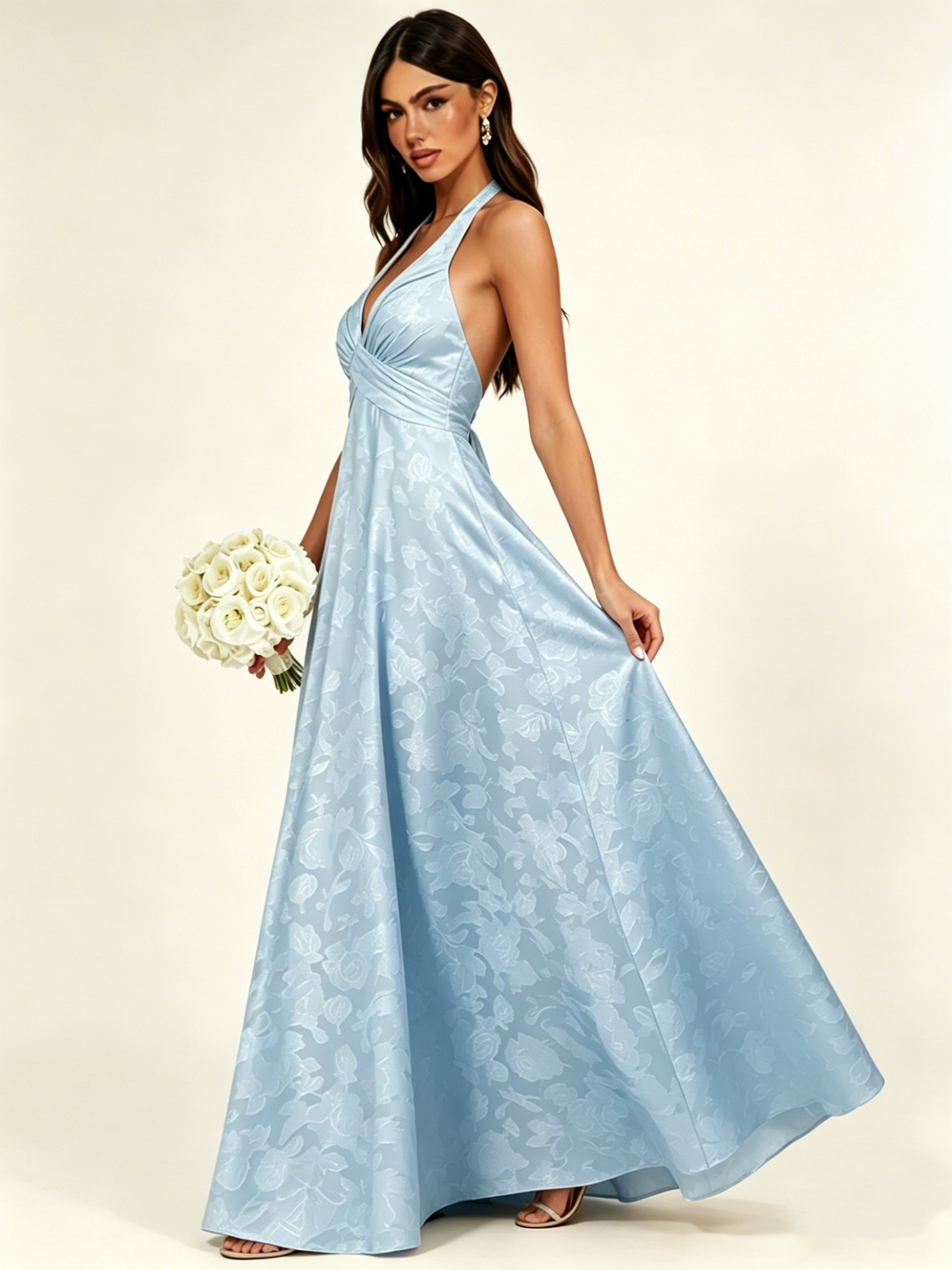 Floral Jacquard Halter Deep V A-Line Maxi Dress Backless Lace-Up Corset Bridesmaid Dress