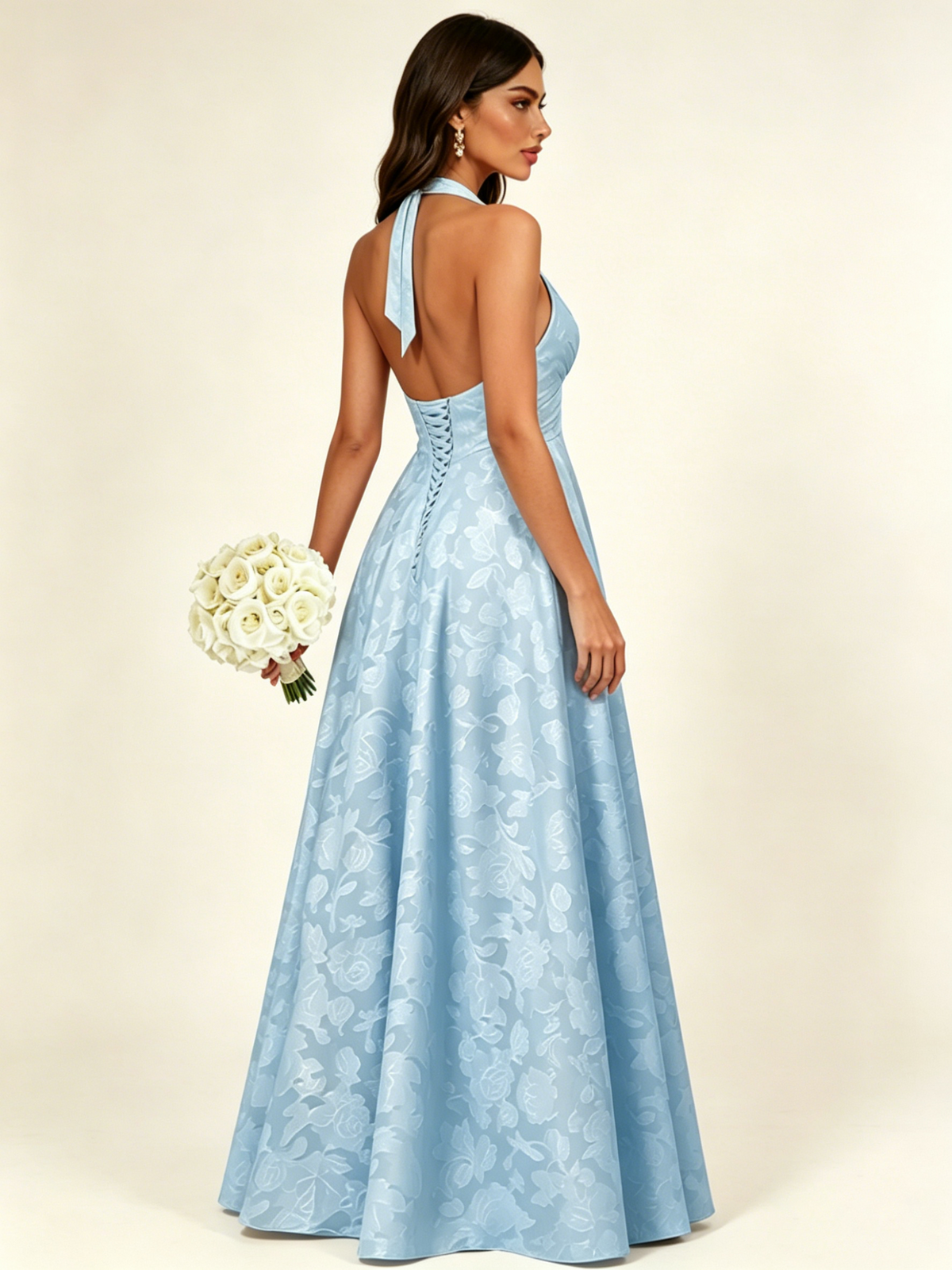 Floral Jacquard Halter Deep V A-Line Maxi Dress Backless Lace-Up Corset Bridesmaid Dress