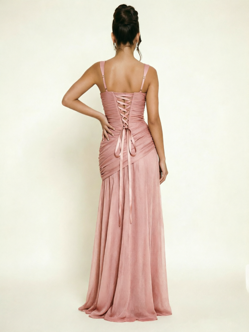 Adjustable Strap Shiny Draped Formal Maxi Dress with Corset Lace Up Back