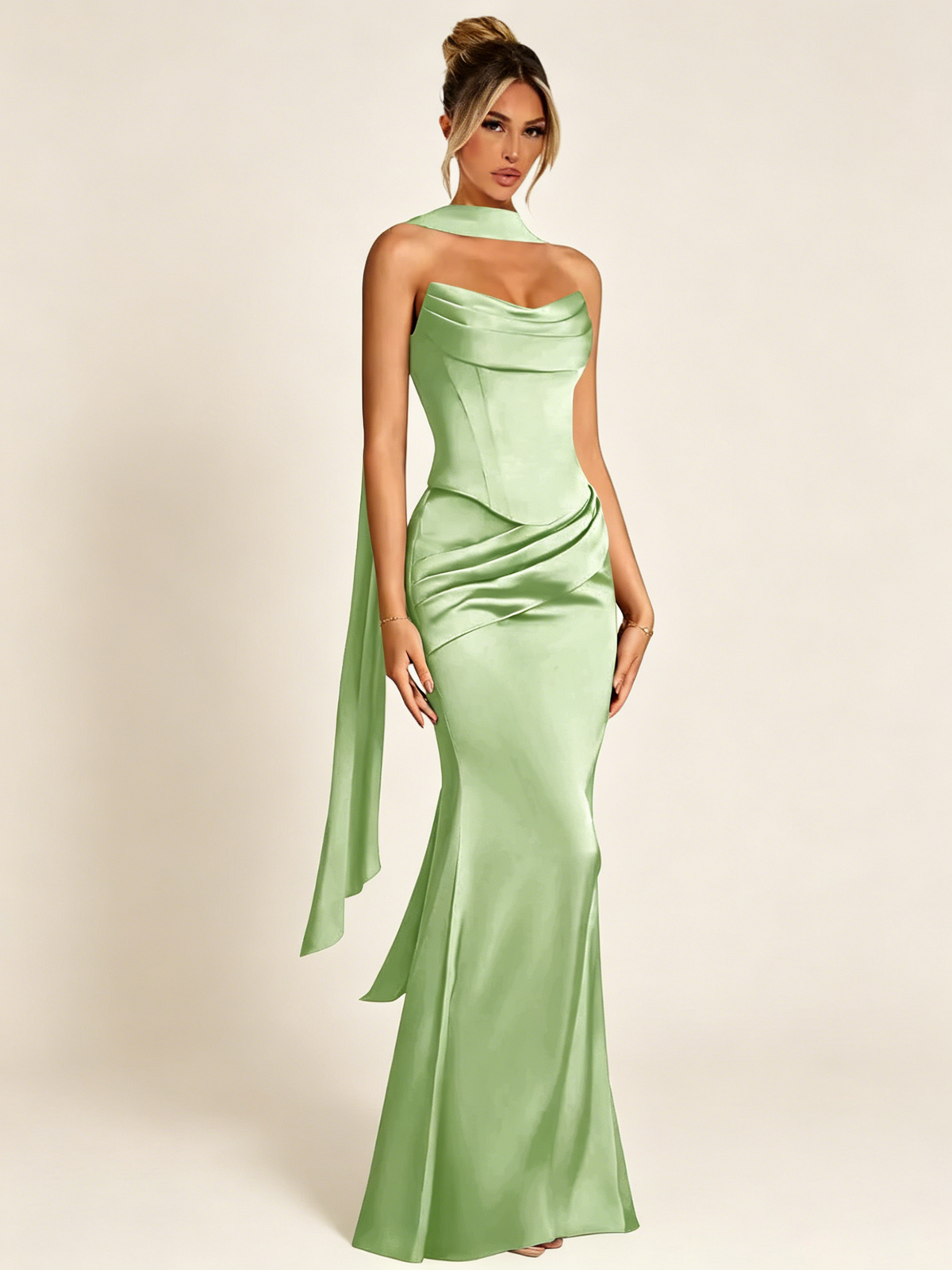 Satin Cowl Neck Mermaid Evening Dress with Corset Bodice and Draped Straps