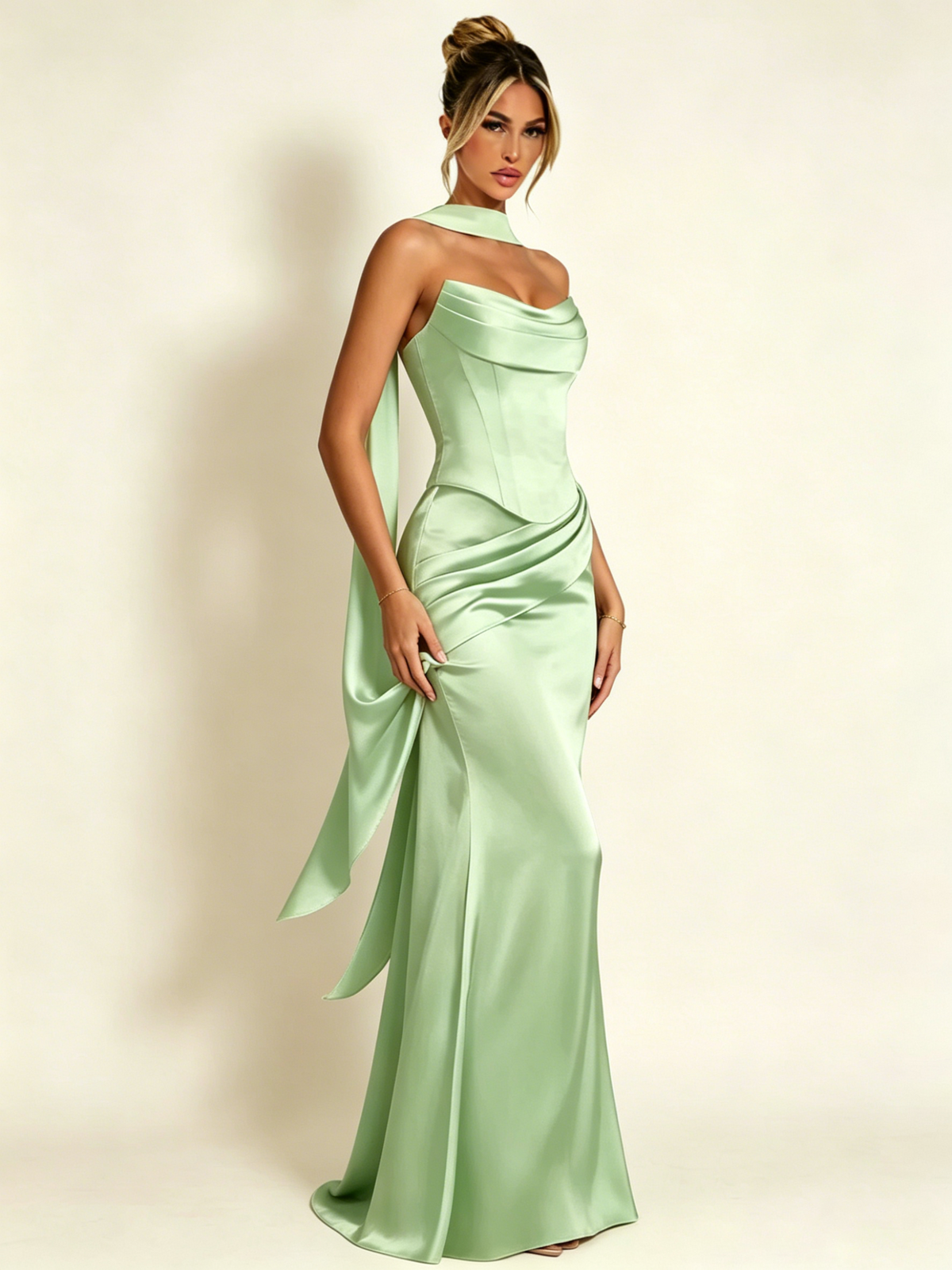 Satin Cowl Neck Mermaid Evening Dress with Corset Bodice and Draped Straps