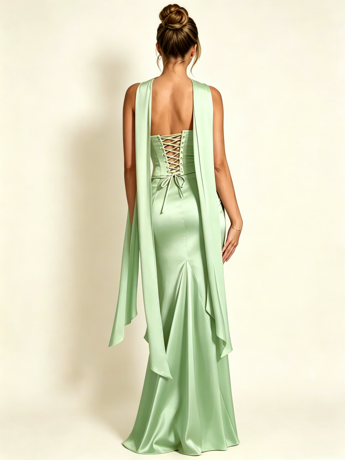 Satin Cowl Neck Mermaid Evening Dress with Corset Bodice and Draped Straps