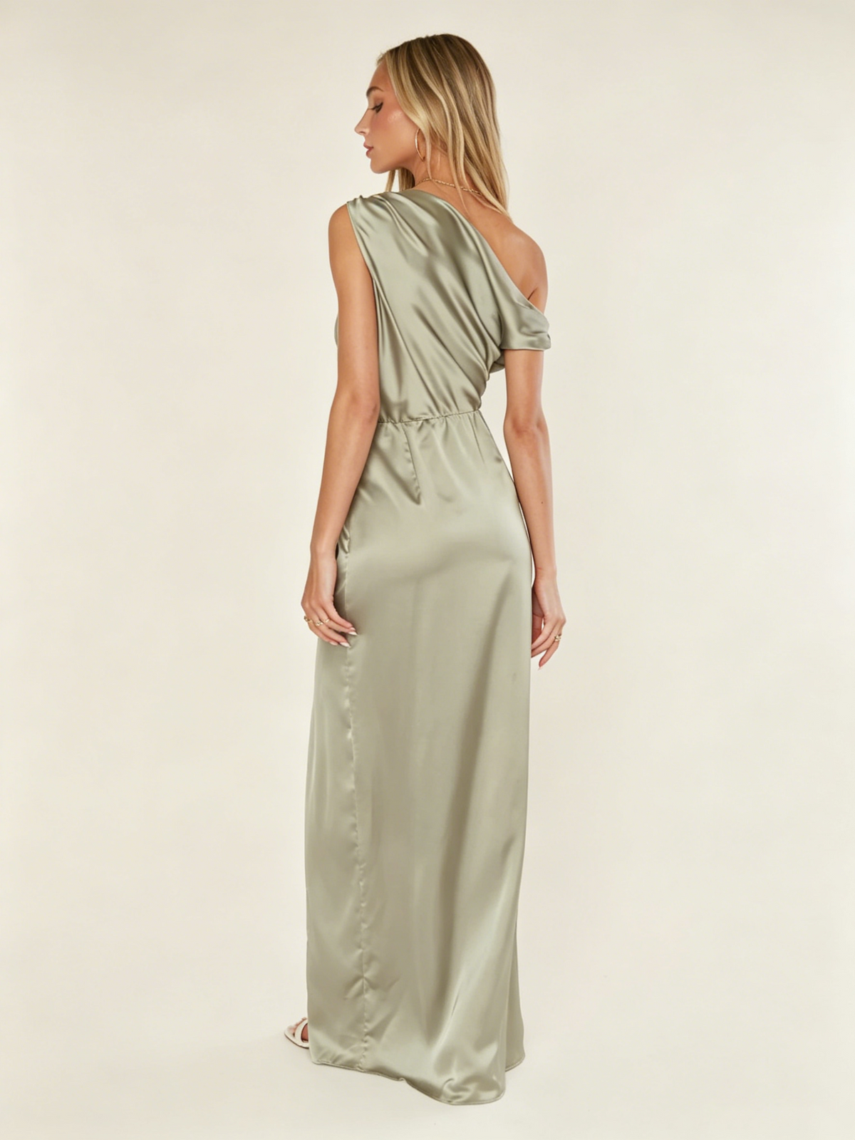 Satin One Shoulder Maxi Dress Asymmetric Draped High Slit Bridesmaid Dress