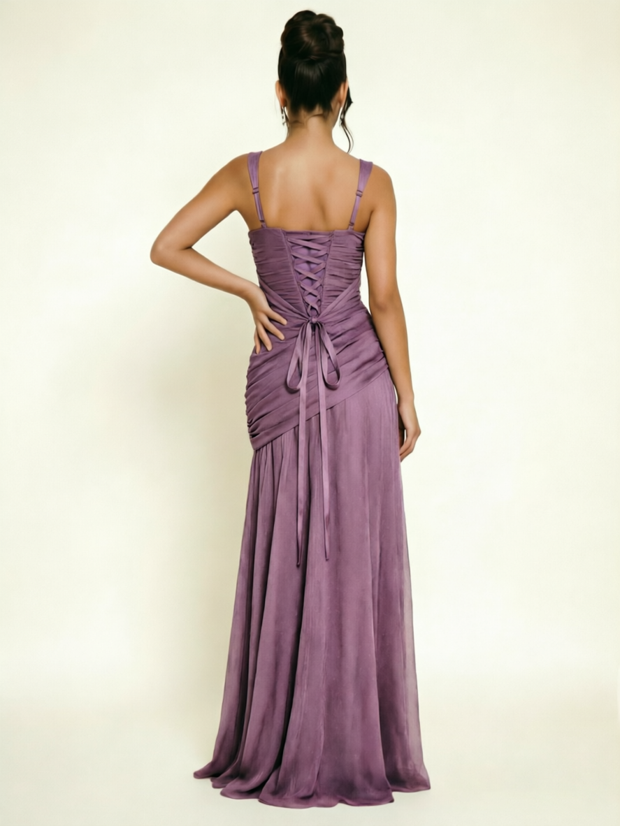 Adjustable Strap Shiny Draped Formal Maxi Dress with Corset Lace Up Back