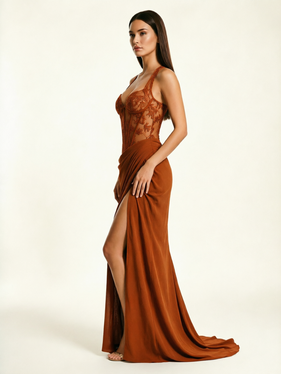 Lace Corset Halter High Slit Formal Dress