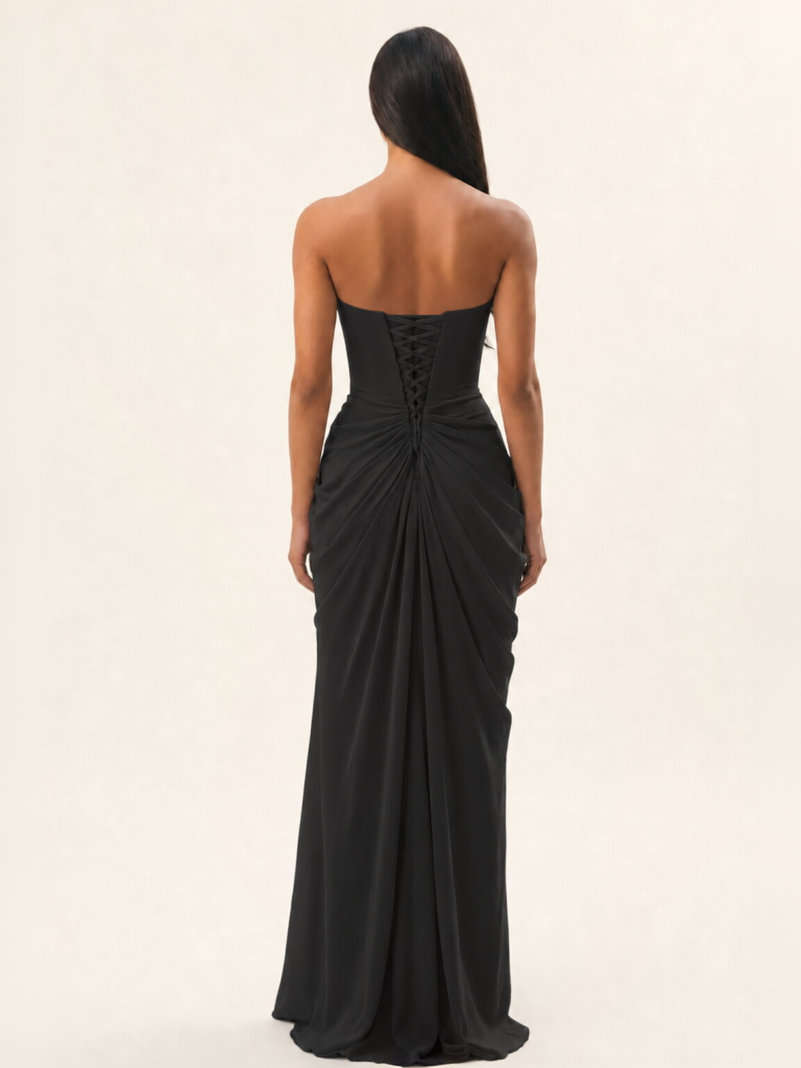 Strapless Ruched High Slit Maxi Dress