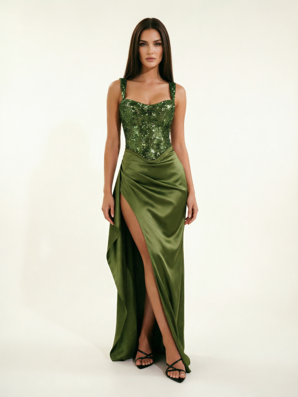 Sequin Corset Satin High Slit Formal Maxi Dress
