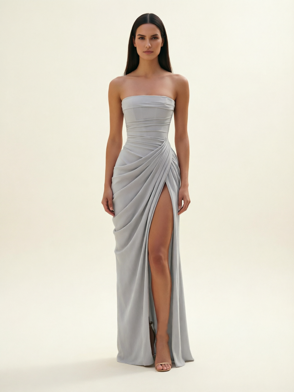 Strapless Ruched High Slit Maxi Dress