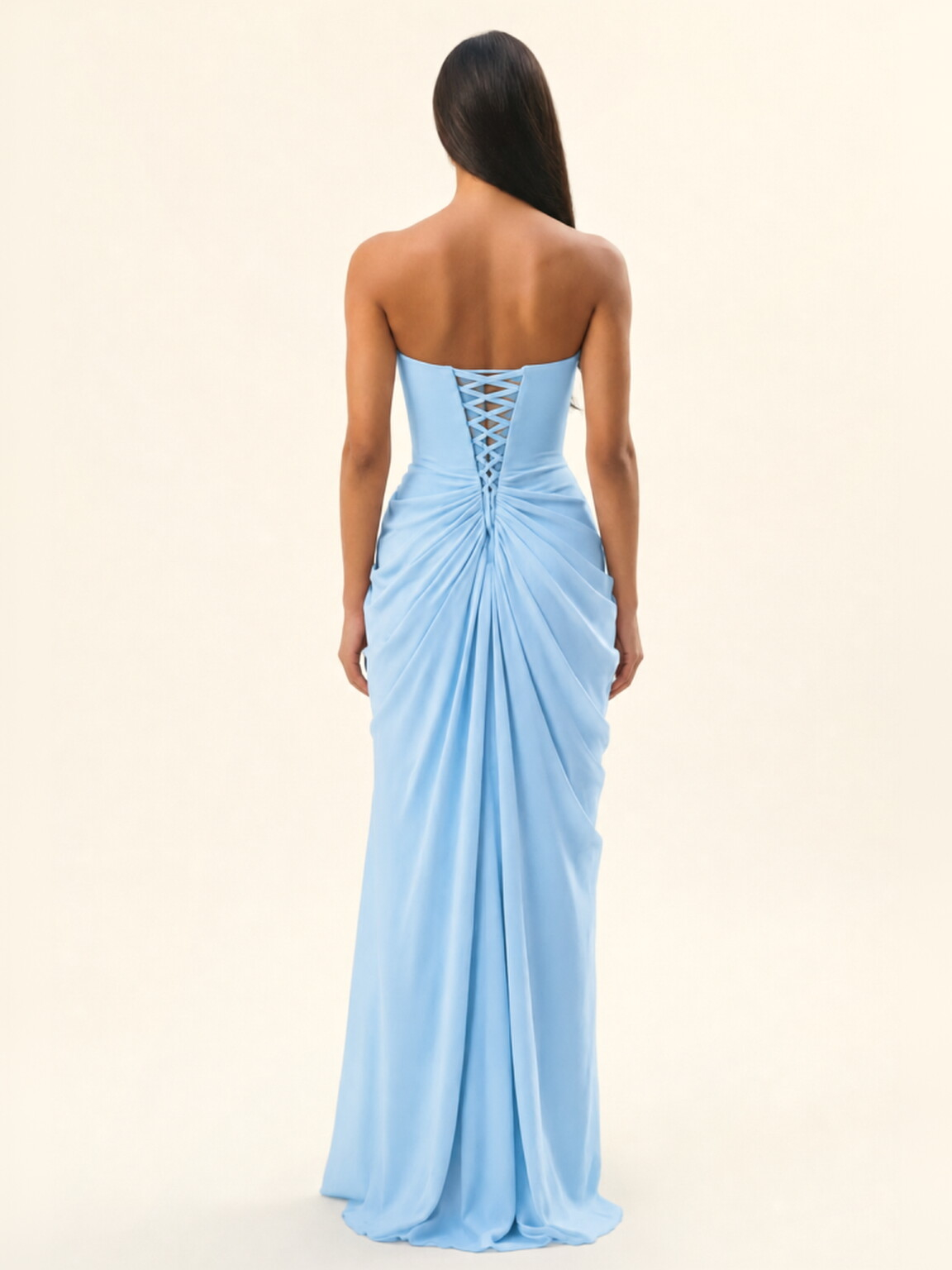 Strapless Ruched High Slit Maxi Dress
