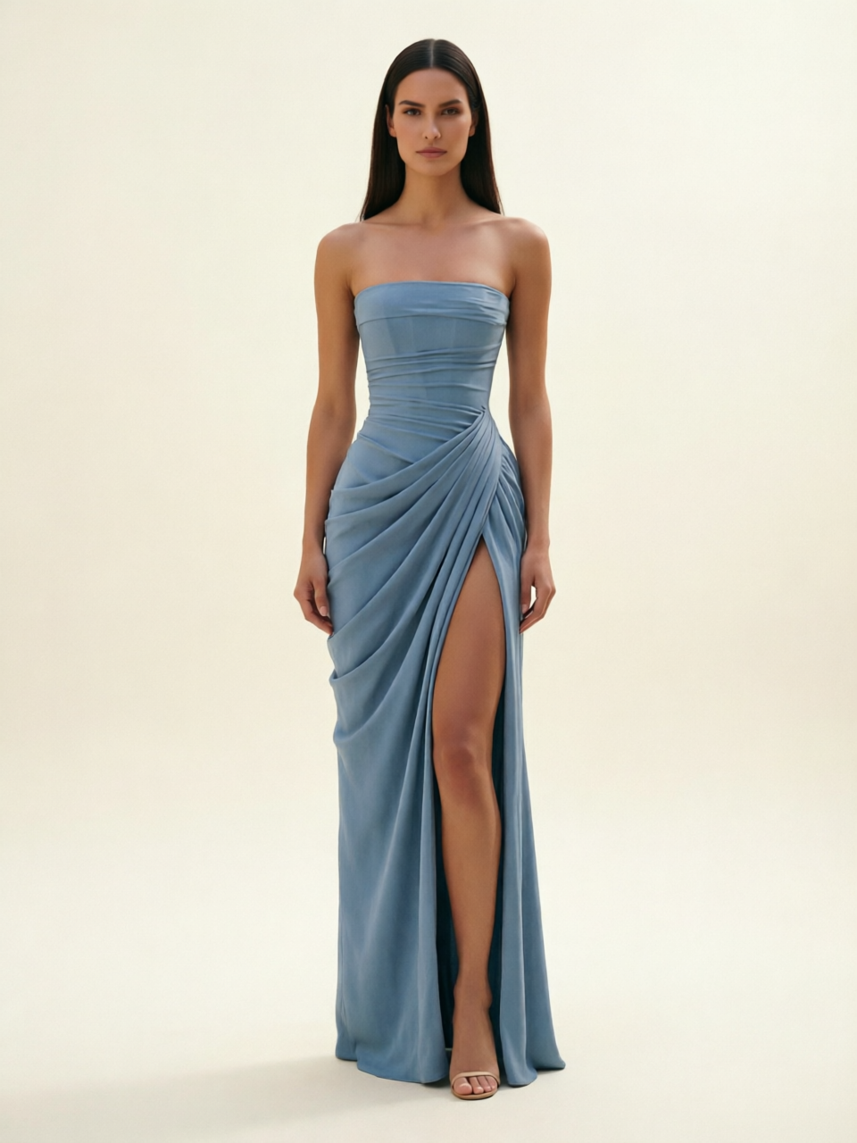 Strapless Ruched High Slit Maxi Dress