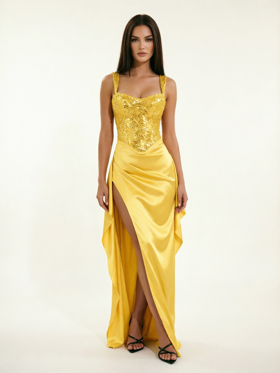Sequin Corset Satin High Slit Formal Maxi Dress