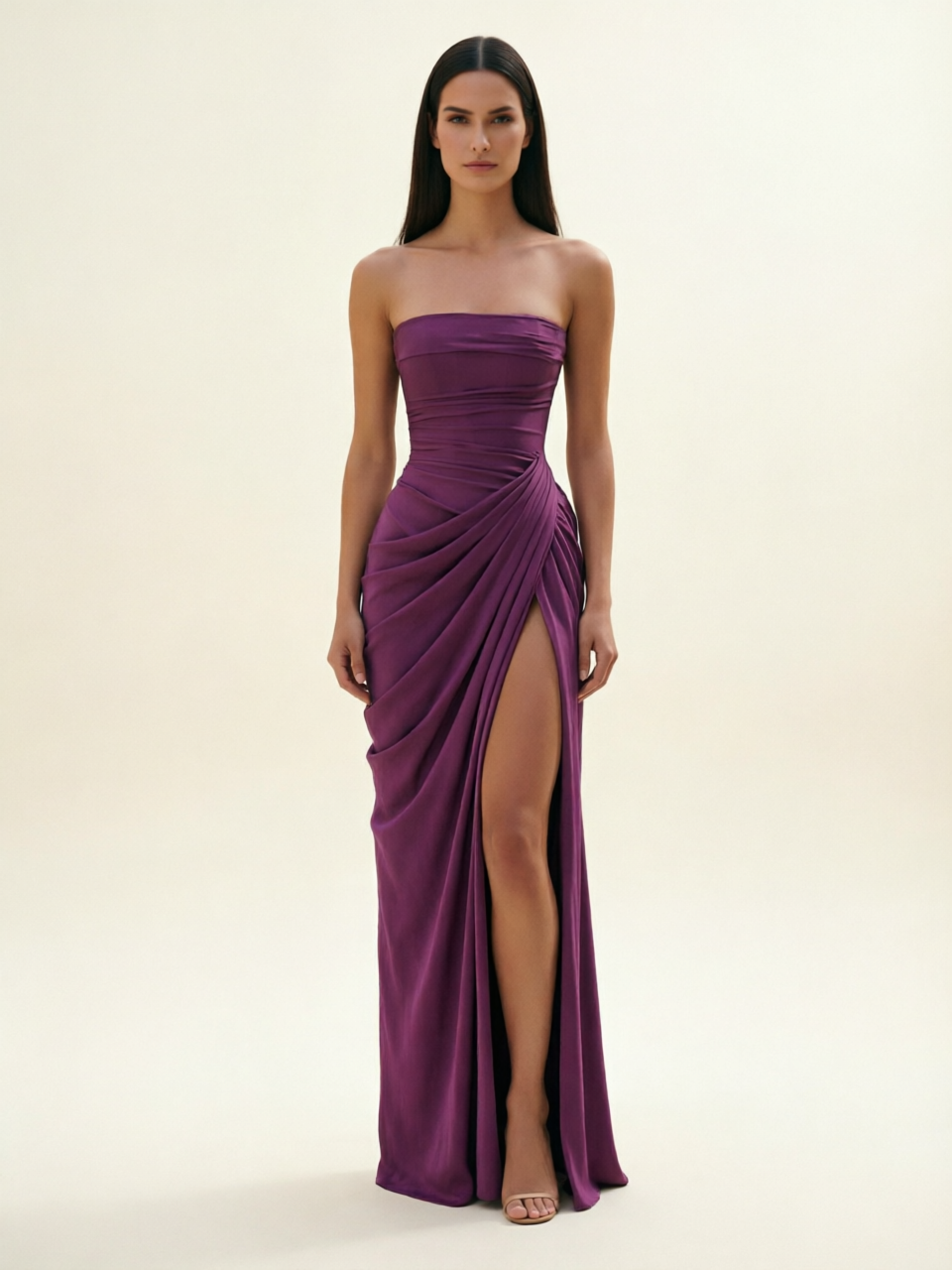 Strapless Ruched High Slit Maxi Dress