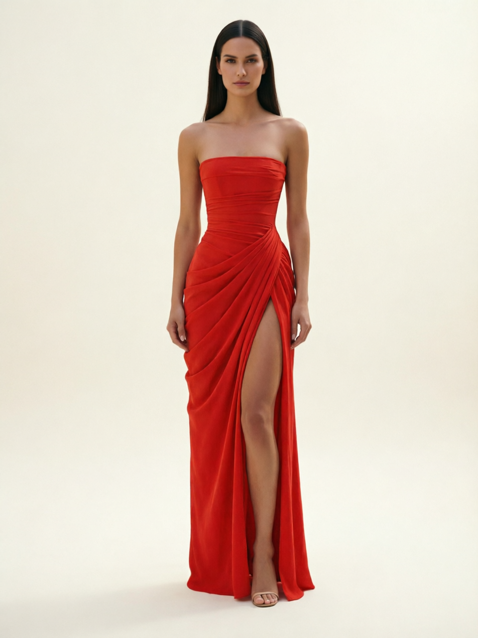 Strapless Ruched High Slit Maxi Dress