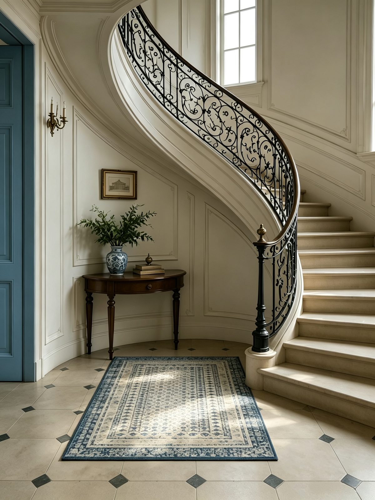 Vintage Geometric Border Washable Area Rug