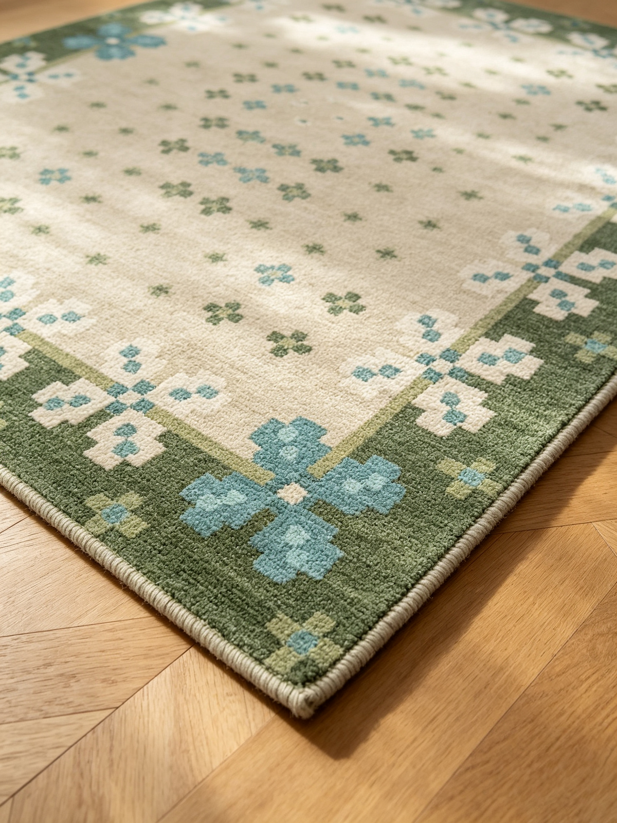 Vintage Green Blue Geometric Border Short‑Pile Area Rug