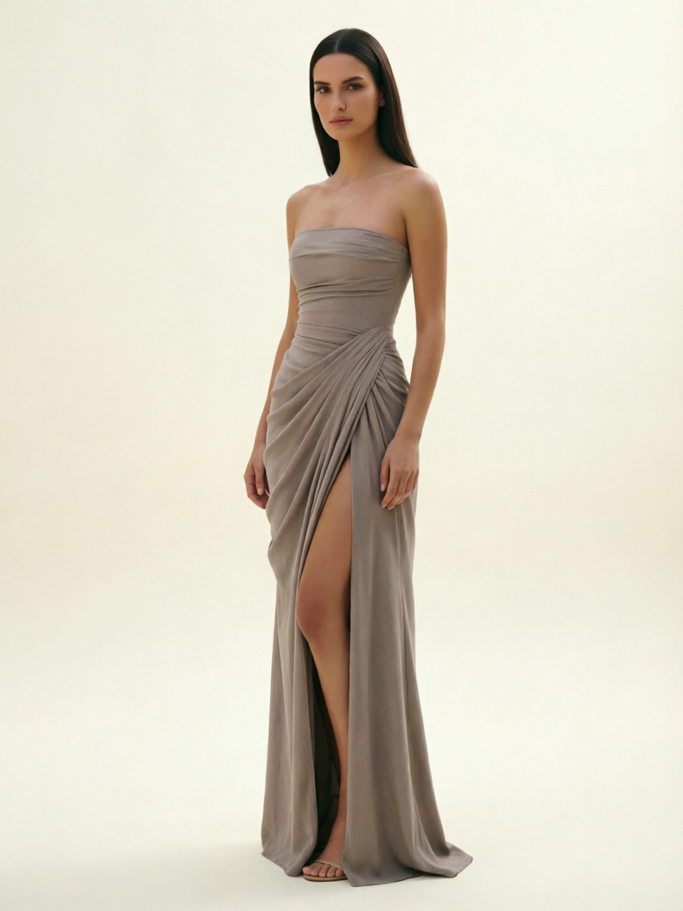 Strapless Ruched High Slit Maxi Dress