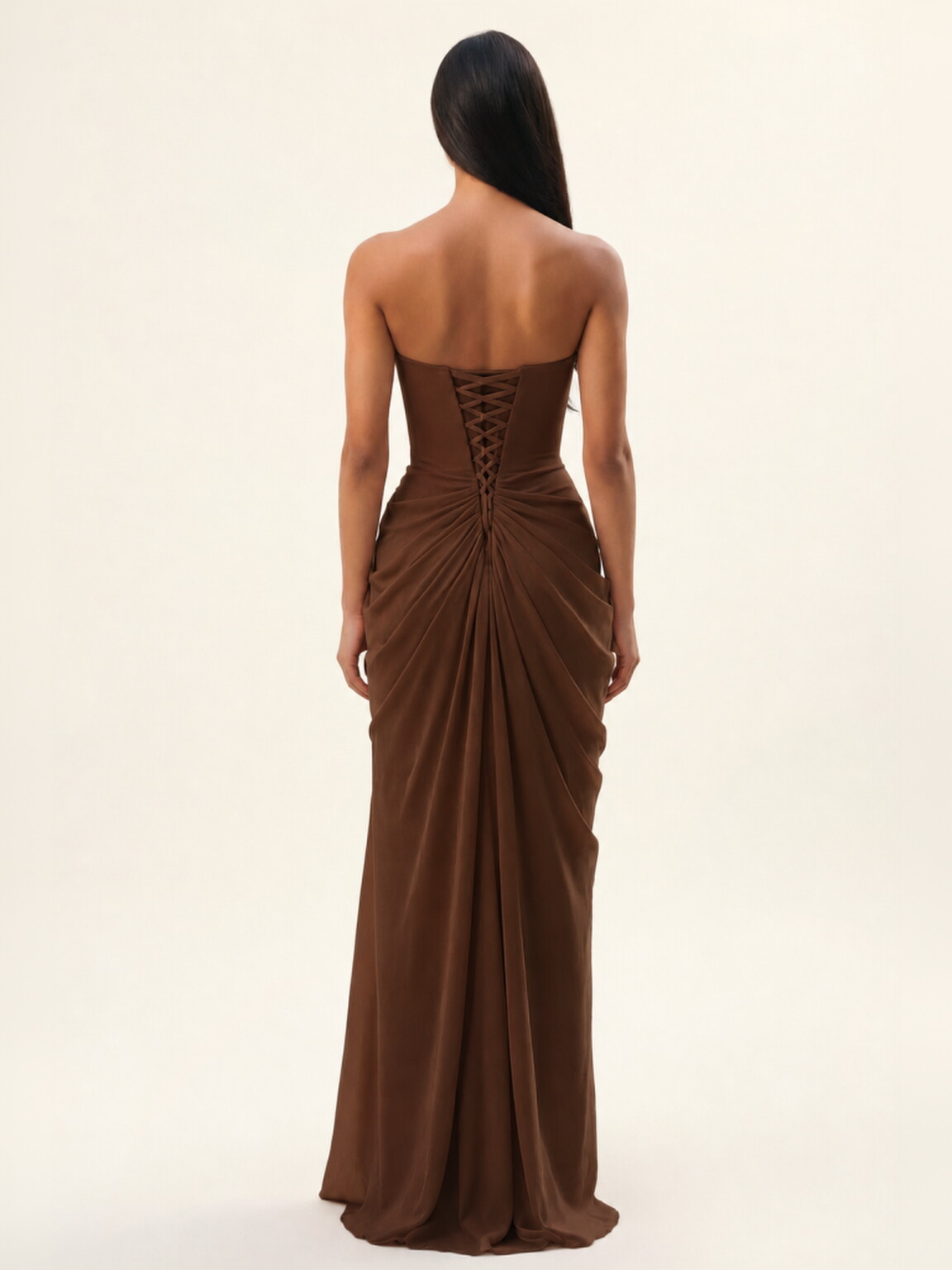 Strapless Ruched High Slit Maxi Dress