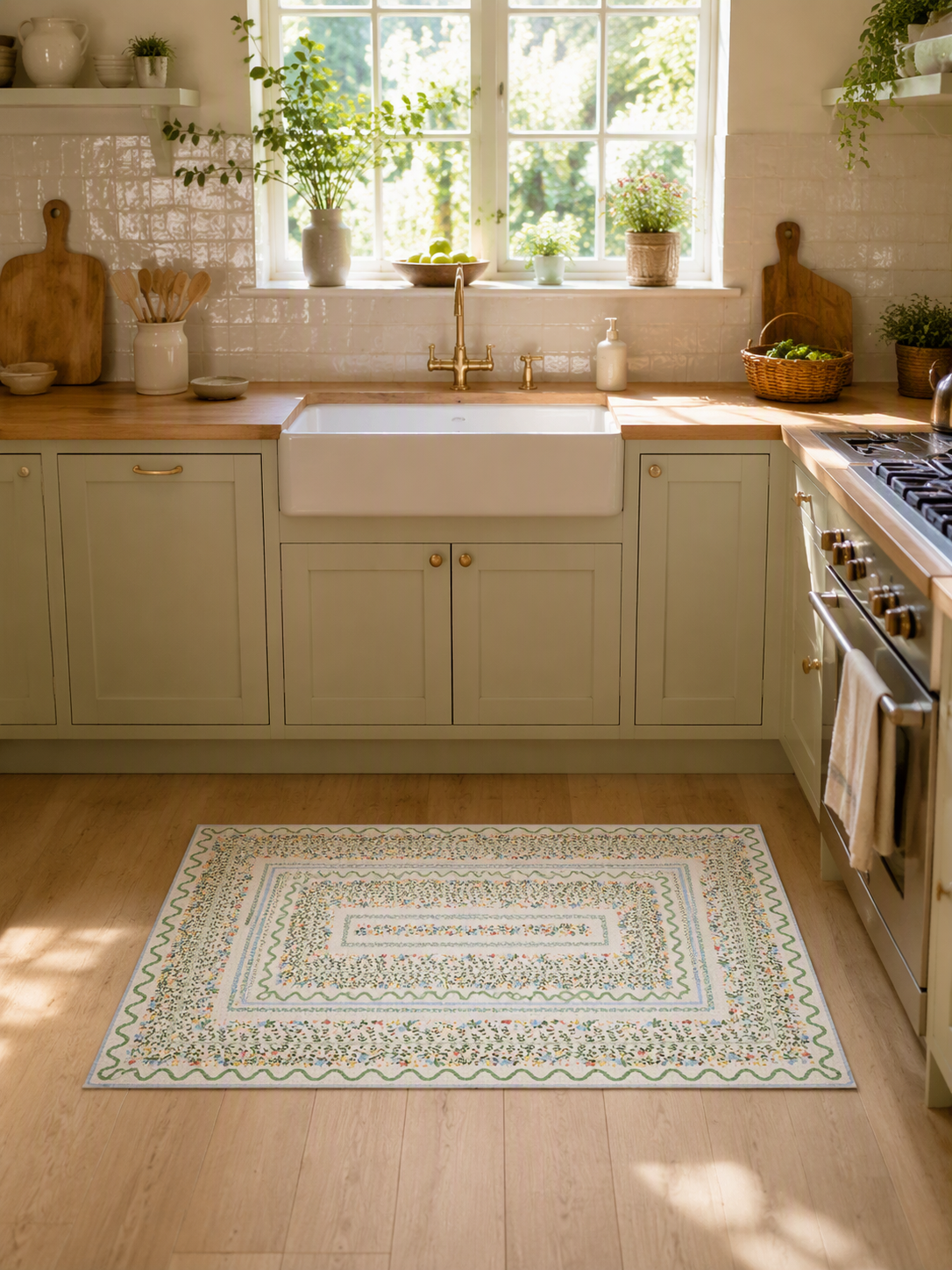 Garden‑Style Floral Scalloped Border Non‑Slip Area Rug
