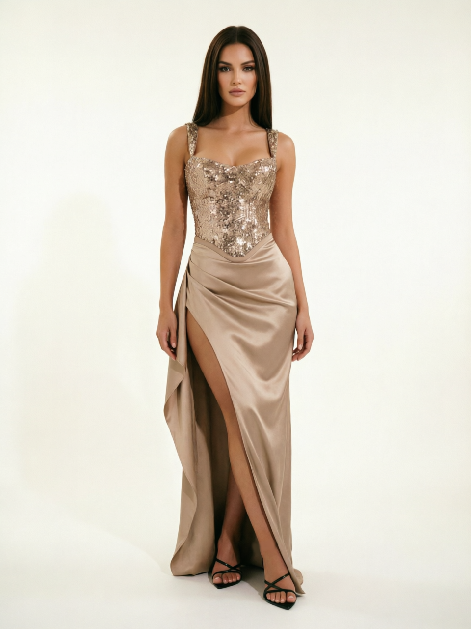 Sequin Corset Satin High Slit Formal Maxi Dress