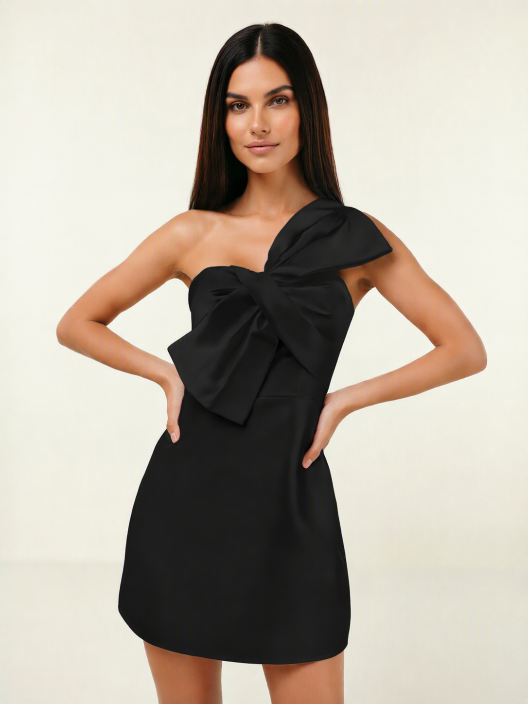 One Shoulder Oversized Bow Satin Mini Dress