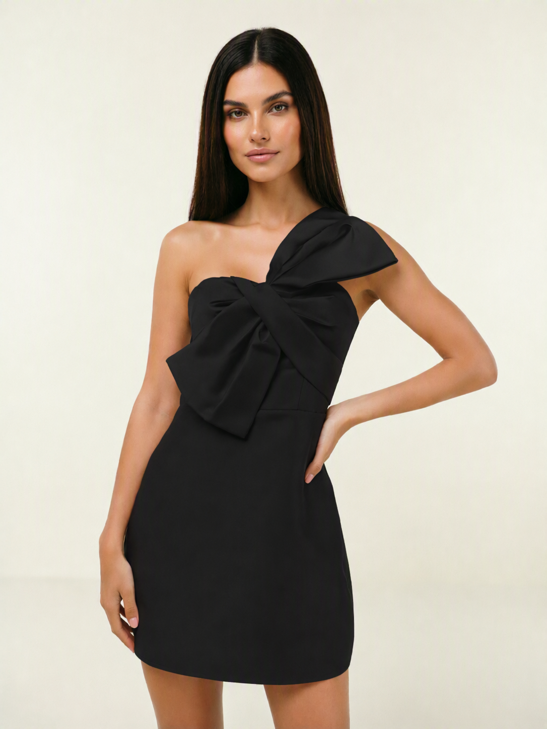 One Shoulder Oversized Bow Satin Mini Dress