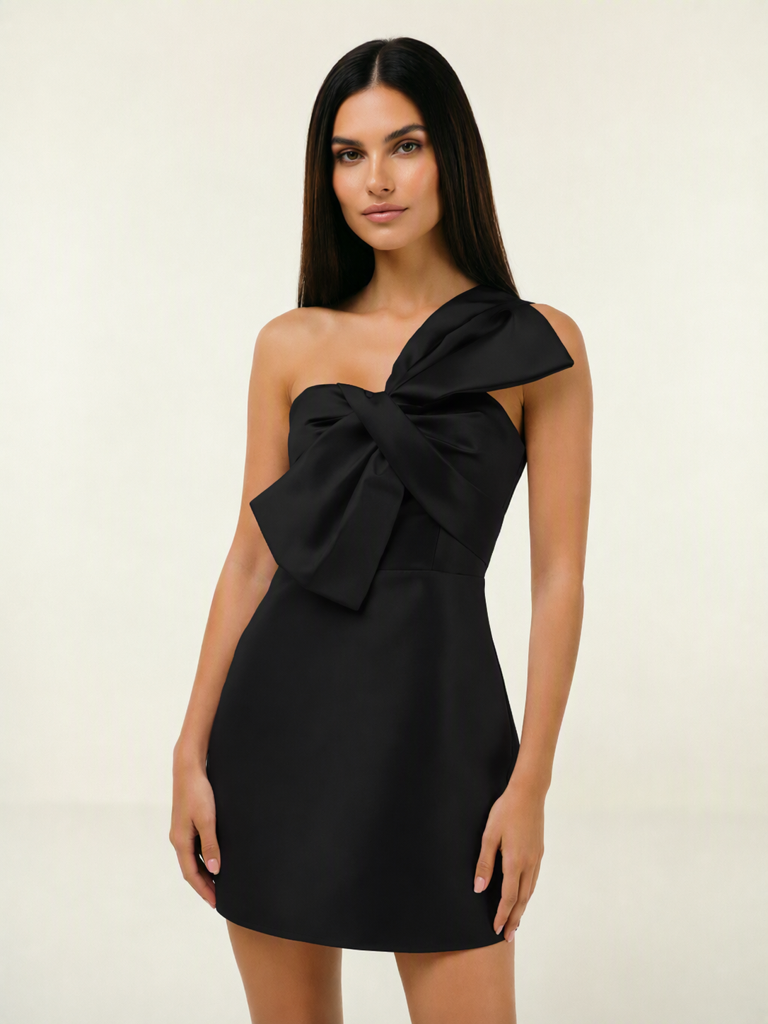 One Shoulder Oversized Bow Satin Mini Dress