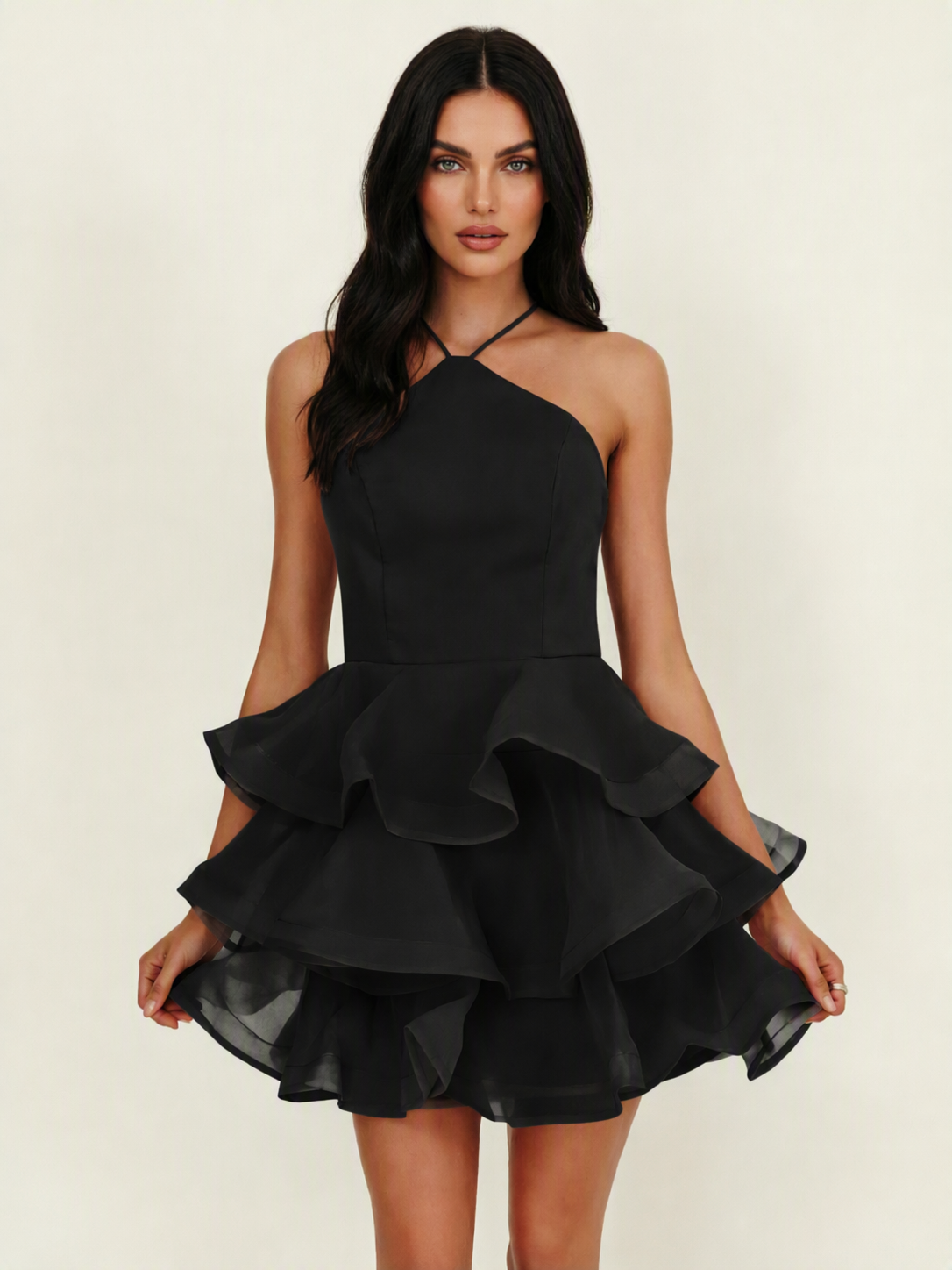 Halter Tiered Ruffle Mini Dress Lace Up Back Cocktail Party Gown