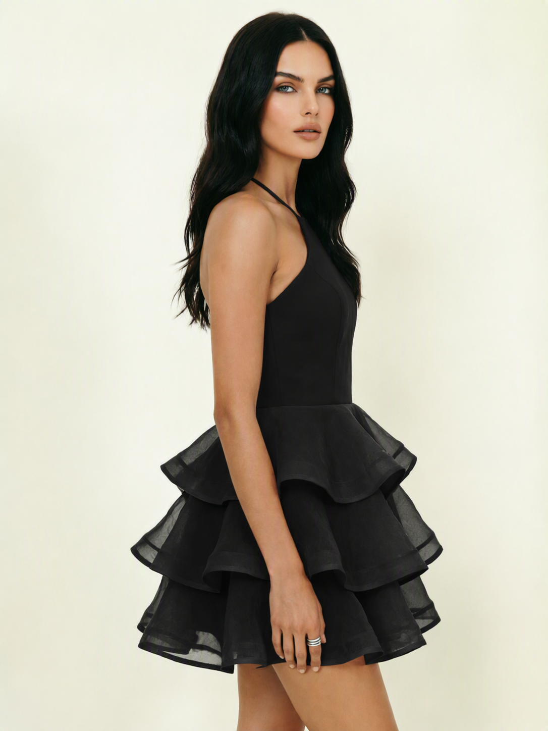 Halter Tiered Ruffle Mini Dress Lace Up Back Cocktail Party Gown