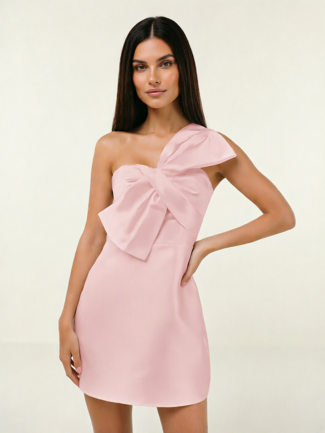 One Shoulder Oversized Bow Satin Mini Dress