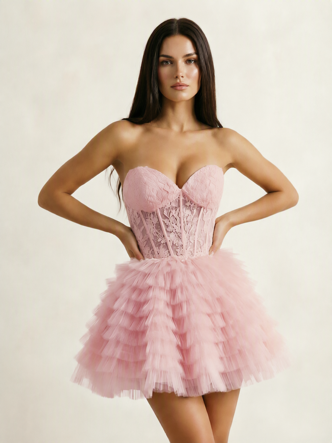 Strapless Lace Corset Tiered Tulle Mini Dress