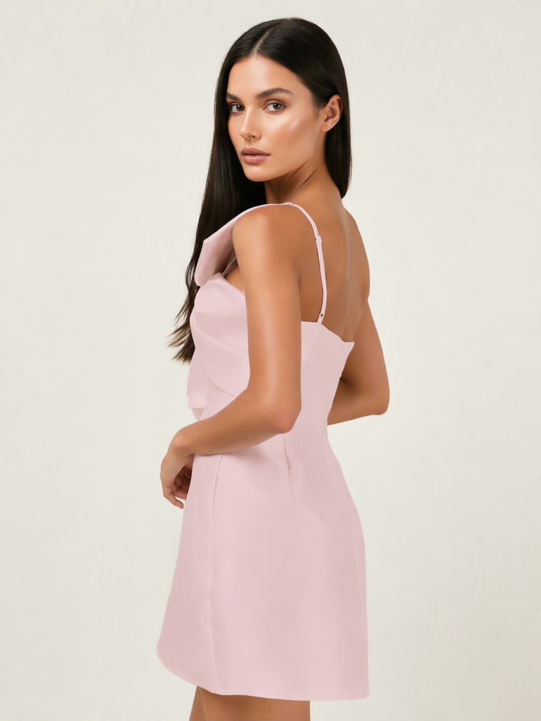 One Shoulder Oversized Bow Satin Mini Dress